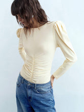 Women's Solid Color Round Neck Puff Sleeve Pleated Casual Bodysuit, Autumn